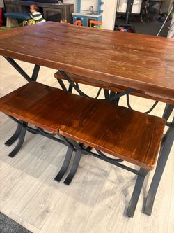 Wood and Metal Dining Table with Bench seats