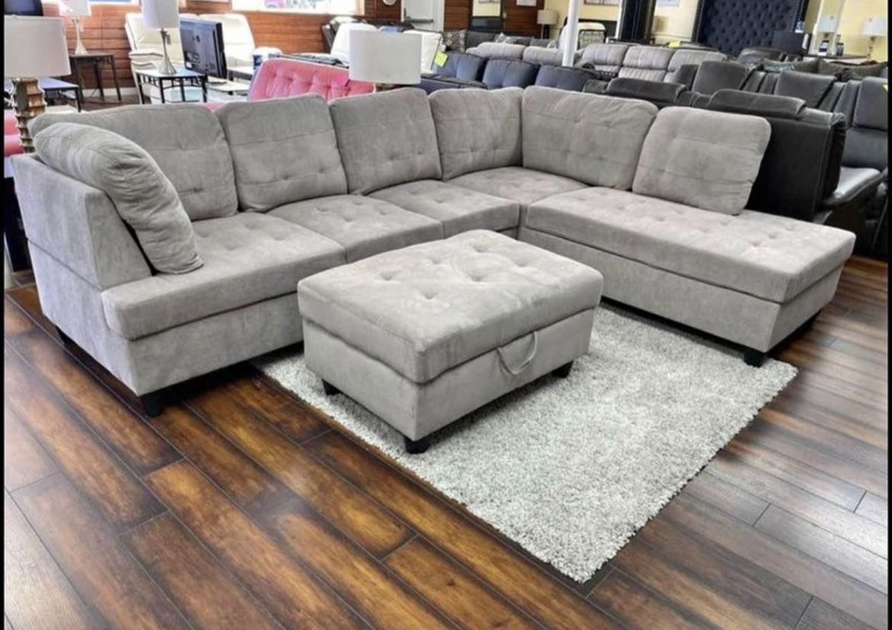 COSTCO Grey Chenille Sectional Couch And Ottoman