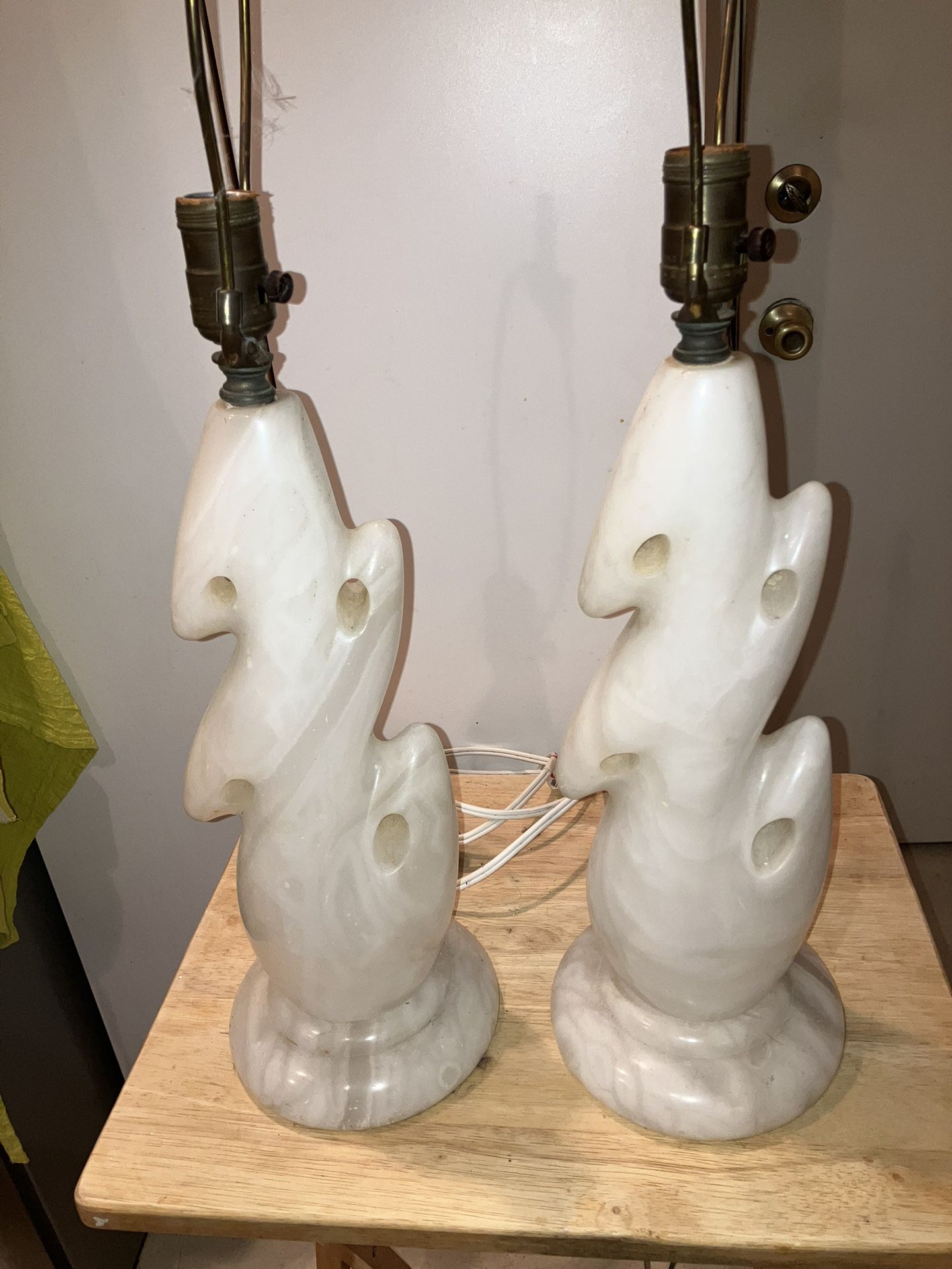 Pair Of Antique Heavy White Onyx Or Marble Lamps