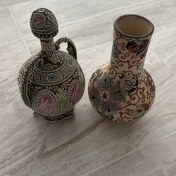 Vintage Hand-Painted Ornate Ceramic Decanter & Vase Set
