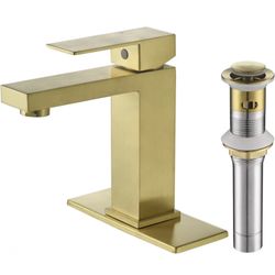 Single Hole Bathroom Faucet Brushed Gold, Single Handle Bathroom Sink Faucet Deck Plate with Pop-up Drain and Supply Lines