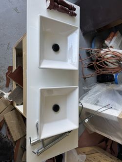 60” Double Vanity White Glass Countertop w/ Porcelain Sink With Faucets