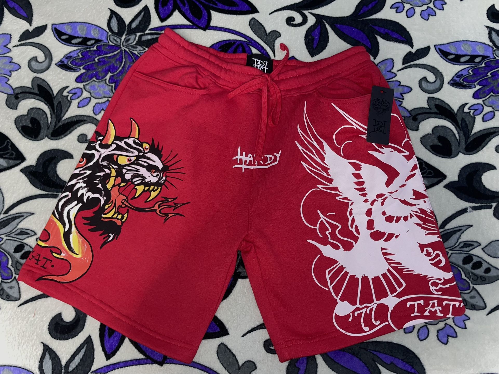 Ed Hardy “Fleece Tattoo” Red Shorts