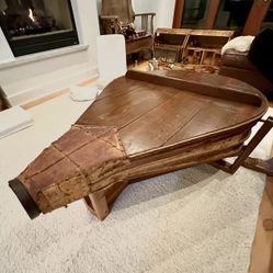19th century Farmhouse French Oak Wood Coffee Table with leather antique blacksmith's bellows