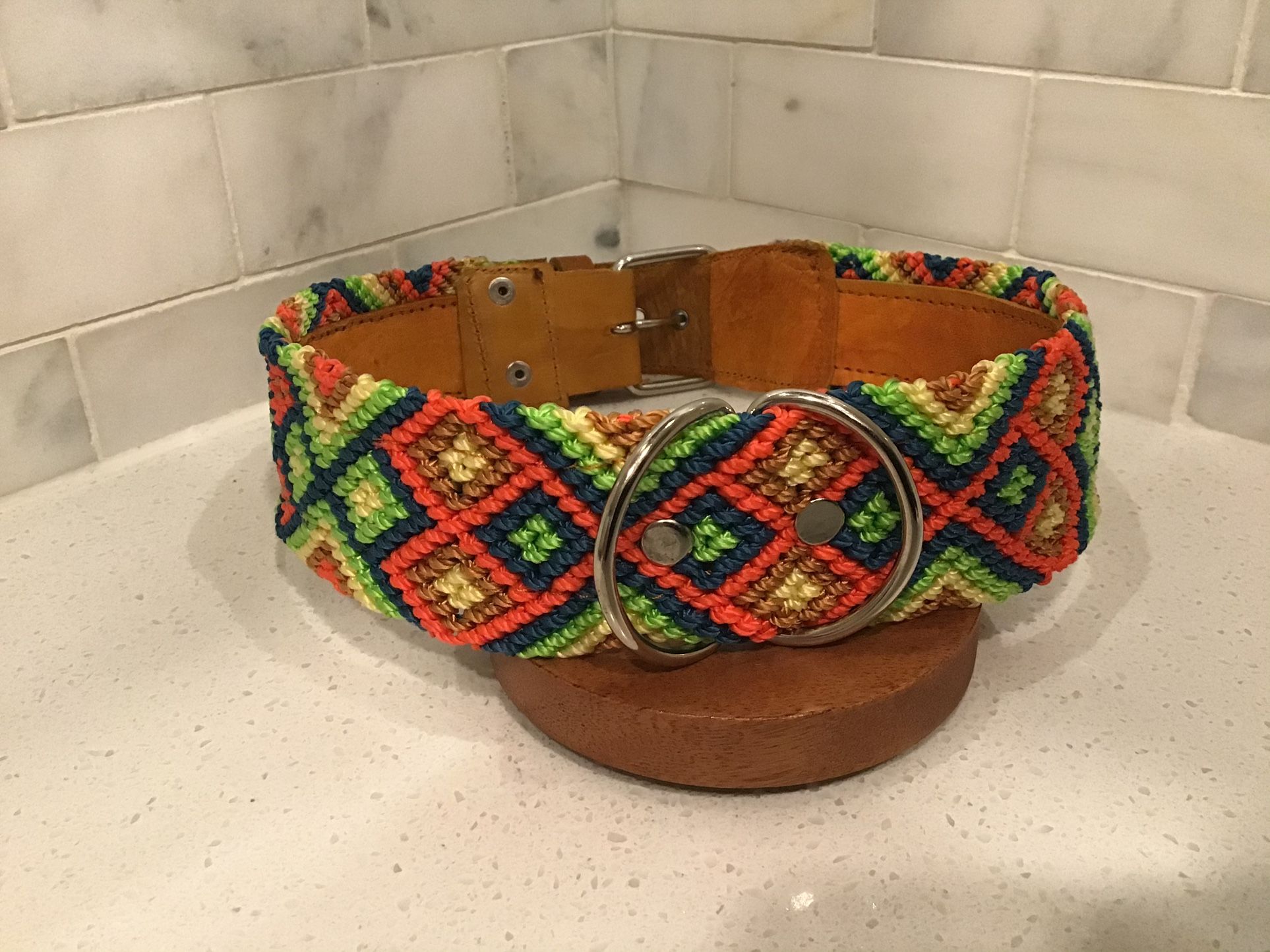 Handmade Dog Collar – 23.5” XL – Bright Geometric Weave for Large Dogs