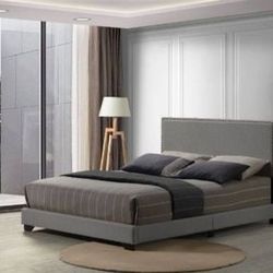 Brand New Light Gray Fabric Queen Bed with Nailhead Accent