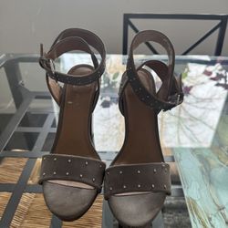 Gray Studded Heels with Ankle Strap – Size 7.5