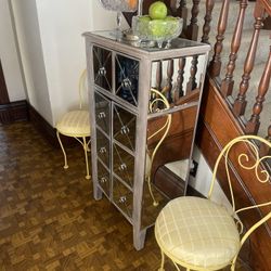 Mirrored Stand And Two Yellow Iron And Fabric Chairs 