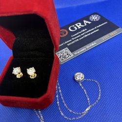 Moissanite 1ct gold plated earring 2ct S925  necklace bundle | diamond tester passes