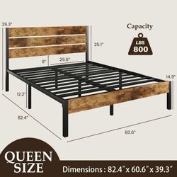 Queen Size Bed Frame with Headboard and Footboard,Metal Support,No Box Spring Needed, Rustic Brown brand new in box $100 H61（10）