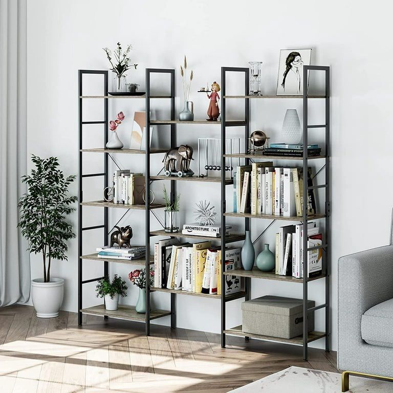 5-Tier Large Bookshelf, Triple Wide Storage Shelf Home Furniture, Industrial Open Display Organizer Unit, Gray Finish