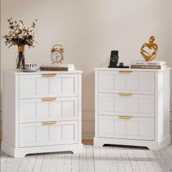 27" White Nightstand Set of 2, 3 Drawer Night Stand with Charging Station
