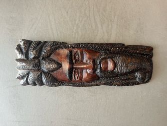 Vintage Hand-Carved Wooden Folk Art Face Wall Hanging, “Wiseman- Man w/Moustache”