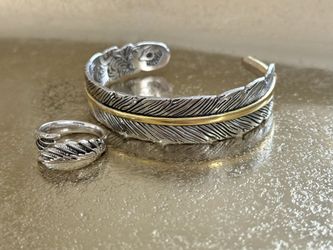 Feather Metal Bracelet And Ring Set NEW