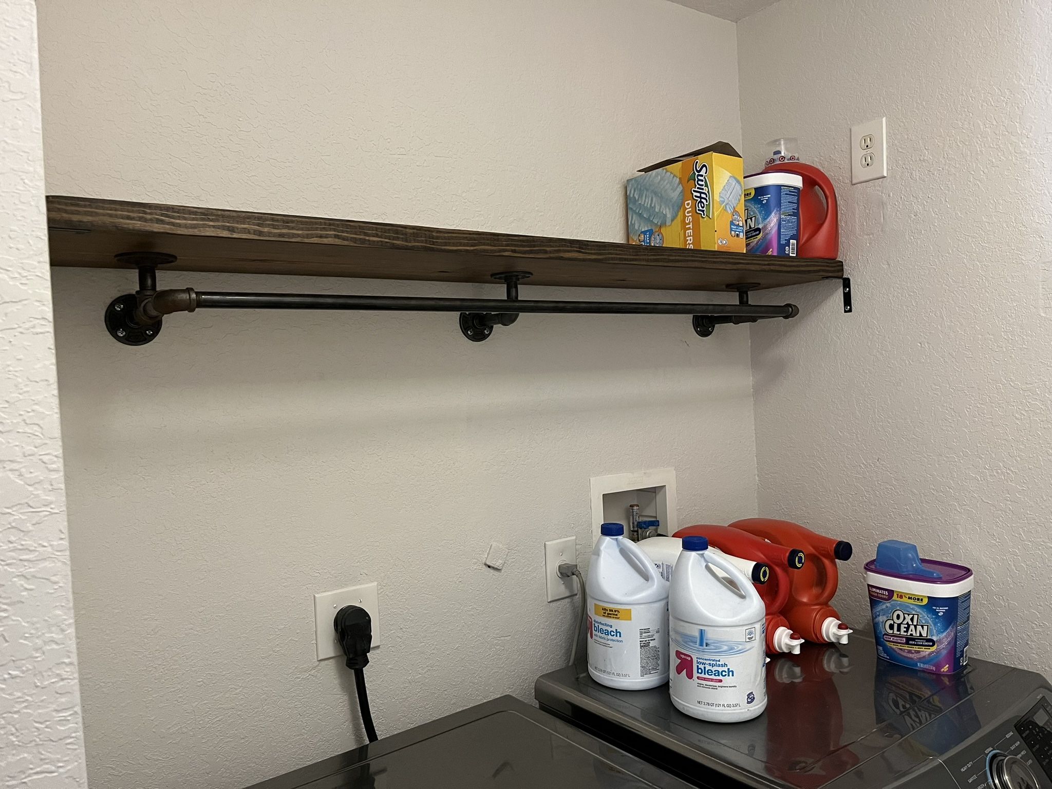 Laundry Room Wood Shelf Industrial Organizer With Iron Rods Rustic Home Decor