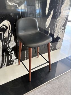 Modern Black Leather Counter Stool with Walnut Legs