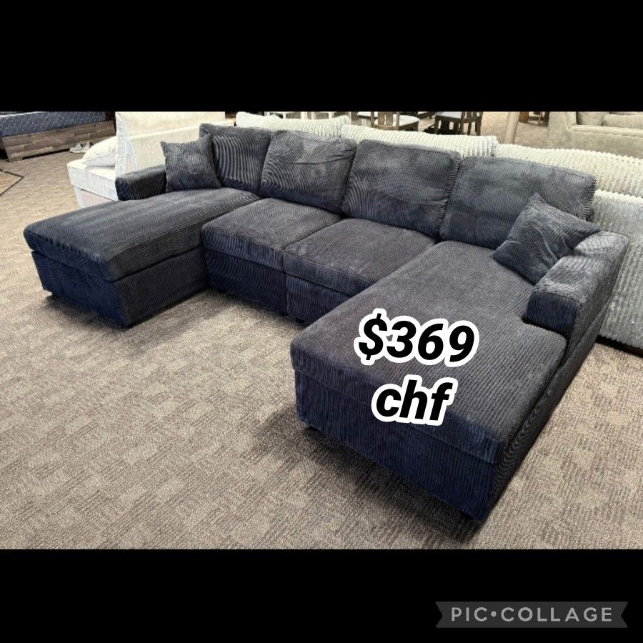 Black Corduroy Double Chaise Sectional Sofa  // Limited Time offer 