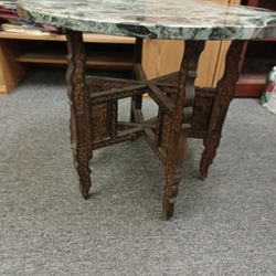 Hand Carved 6 Point Wood End Table With 24" Marble Top