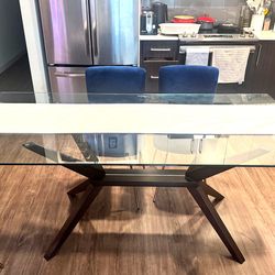 ✨ Modern Glass Dining Table Set + 4 Blue Velvet Chairs – Elegant & Stylish