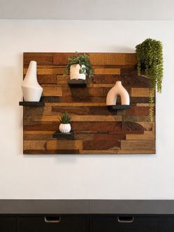 Wooden Shelf Panel + 3 Faux Plants + 2 Modern Sculptures