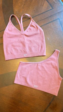 SET Active Ribbed Sports Bra Lot of 2 Pink Boxy Crop & One-Shoulder Size S