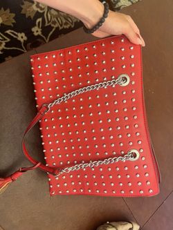 Red Studded Shoulder Tote Handbag with Chain Handles