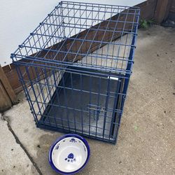 Blue Small- Med Dog Cage Crate w/ Tray 2 Ft D x 20” W. Doesn’t fold. Ceramic water bowl