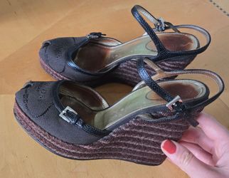 PRADA Wedge Espadrilles Logo Print Women's Shoes 37/ US 6.5