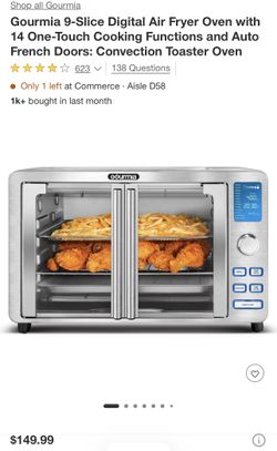 Gourmia 9-Slice Digital Air Fryer Oven with 14 One-Touch Cooking Functions and Auto French Doors: Convection Toaster Oven