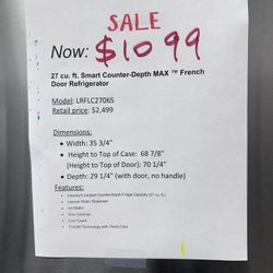 $1099 Unused LG 36” Wide Counter Depth Refrige With Internal Water And Ice Maker 