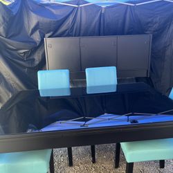 Black Table w/glass Top 4 Chairs & Credenza 