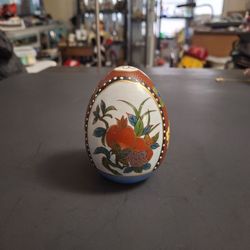 Vintage Hand-painted Satsuma Style Decorative Porcelain Egg, Pomegranate & Floral Motif W/Gold Accents Mid 20th Century 3.5"H