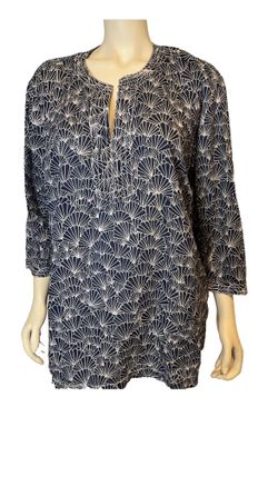 Talbots Blue White Shell Print 3/4 Sleeve VNeck Side Slit Cotton Tunic Top 2X- Price Negotiable 
