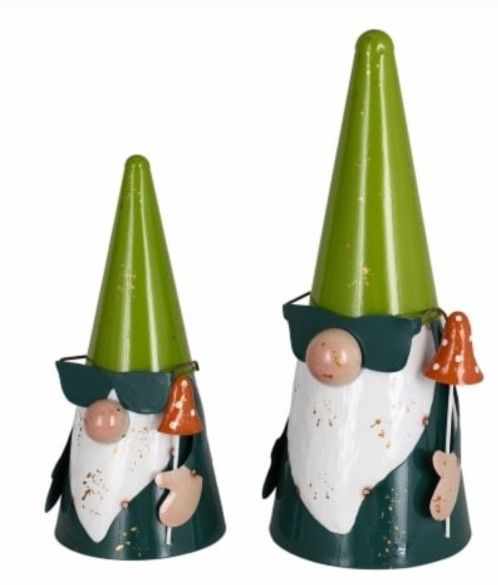 Two NIB 12 & 16" Tall Outdoors Gnomes, Green w/ Sunglasses Metal Statue Yard Art