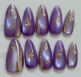 Purple and chrome starry night almond nails. Medium size.