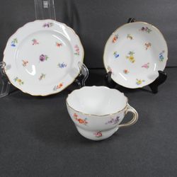Meissen Germany Hand Painted Flowers Porcelain Tea Cup Saucer Plate
