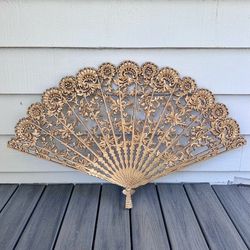 Vintage 1960s Burwood #4402 gold fan wall hanging Very large statement piece 43" X 27” tall. Or  3 feet 7” wide x 2 feet 3” wide  Hollywood regency st