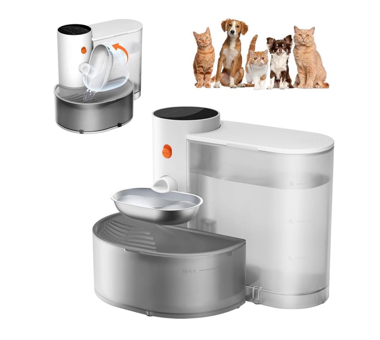Smart Pet Water Fountain, Stainless Steel Bowl,  Self-Refill Tipping Wastewater Separation, 3.5L