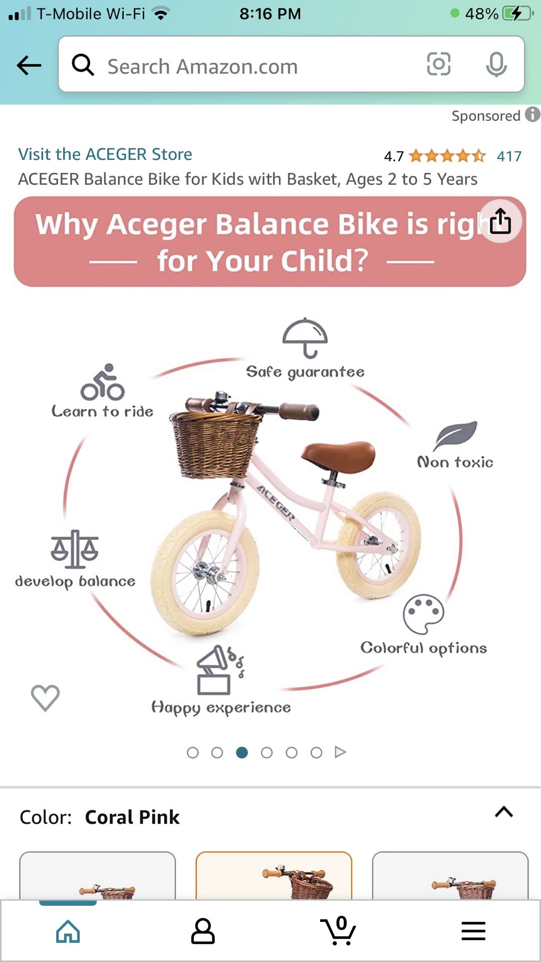 ACEGER Balance Bike for Kids with Basket Ages 2 to 5 Years for