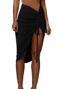 Midi skirt with thigh high slit drawstring