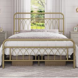Bed Frame Metal Platform Bed with Petal Accented Headboard/Footboard/14.4 Inch Under Bed Storage/No Box Spring Needed,Antique Gold