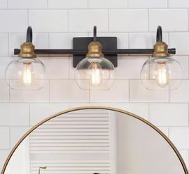 Modern 3-Light Bathroom Vanity Light – Brass & Black w/ Clear Glass Globes