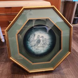 Antique 1908 Buffalo Dusky Grouse Birds Green Transferware Plate in frame , 9 1/4" Dia