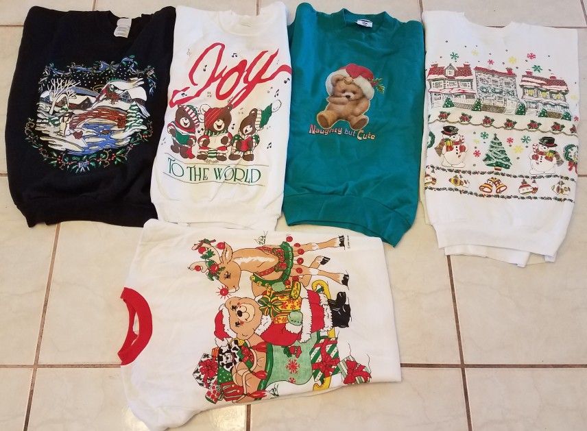 4 CHRISTMAS SWEATSHIRTS 1 NIGHTGOWN WOMEN MEN HANES JERZEES QUALITY BRANDS