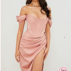 House of CB Loretta Blush Satin Off-Shoulder Dress