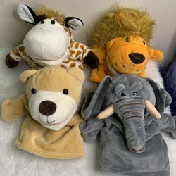 Four plush animal hand puppets - the giraffe lion and tiger mouths open and close And Elephant 