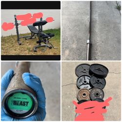 Bench, Squat Rack, Weights And Barbell 