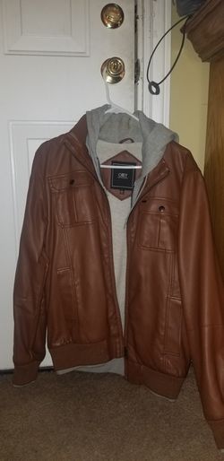 Obey leather jacket with hood.