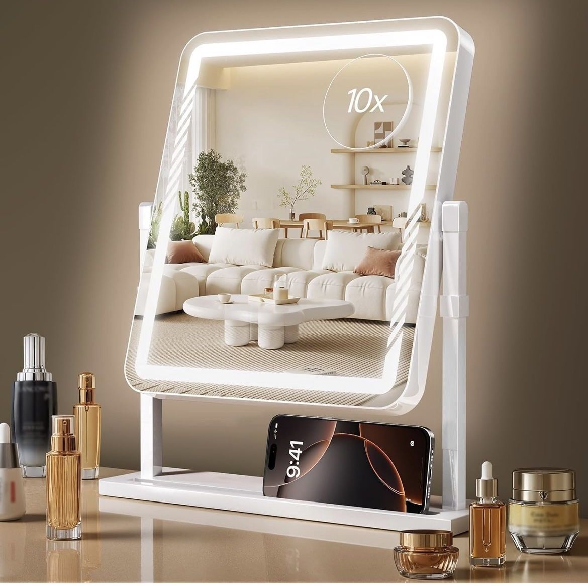 Vanity Mirror with Lights, Height-Adjustable & 360° Rotation, 1/10X Magnification, Three Color Lighting Modes, Makeup Mirror Smart Touch Control, Larg