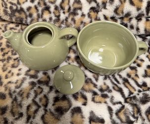 Pier 1 Tea for One Teapot Cup Set Sage Green Stackable Ceramic 3 Piece